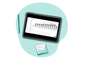 A close-up of a hand pointing at a tablet computer screen displays the Billings Dashboard.
